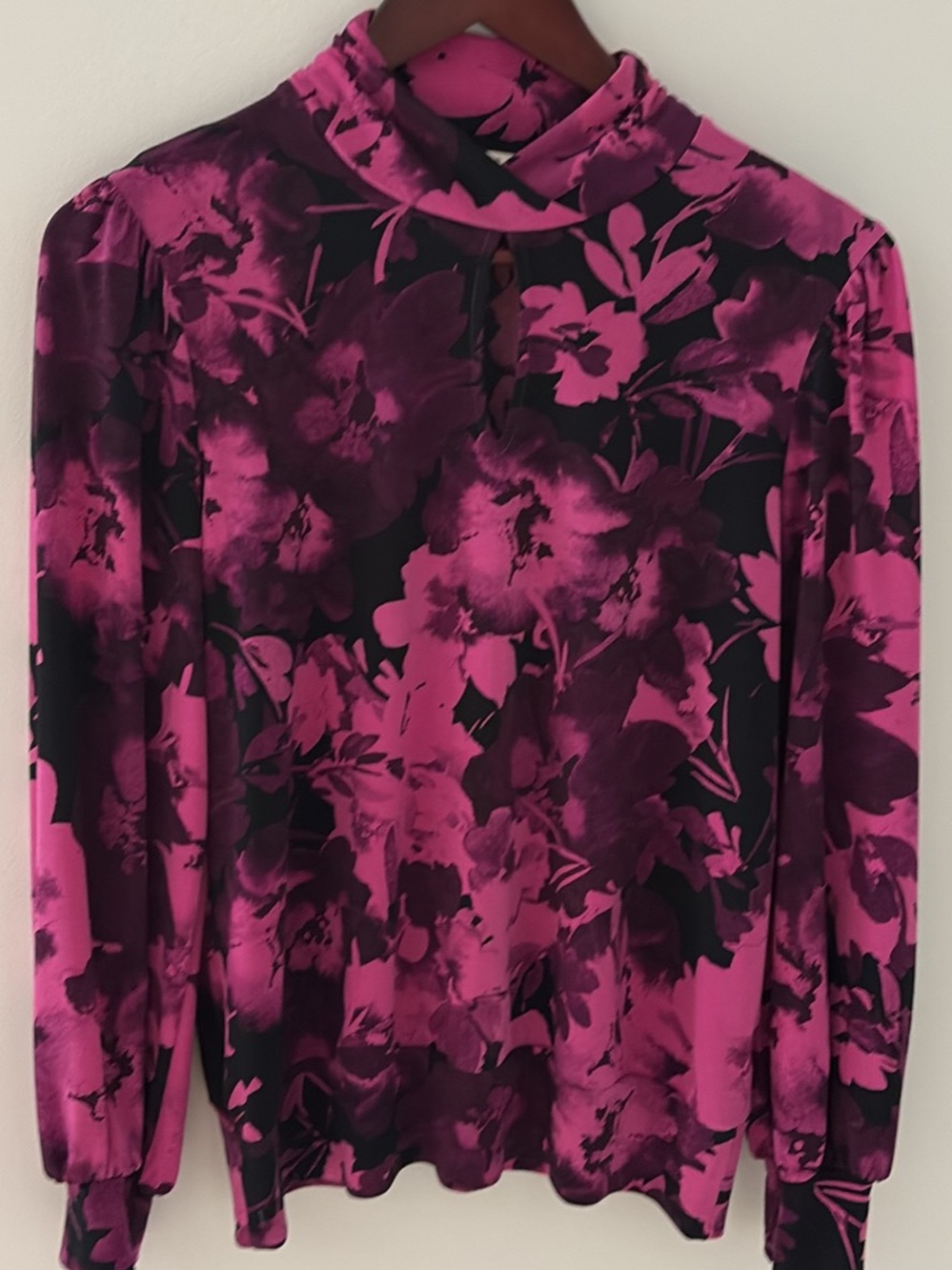 Mock Neck Floral Blouse in Bright Pink and Black